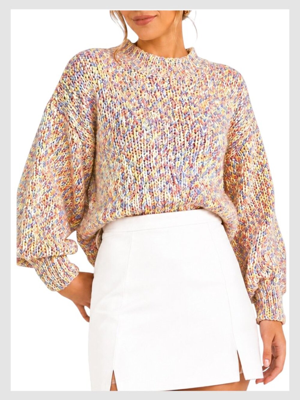 Chunky Knit Sweater Pink Purple Balloon Sleeve Cropped XS